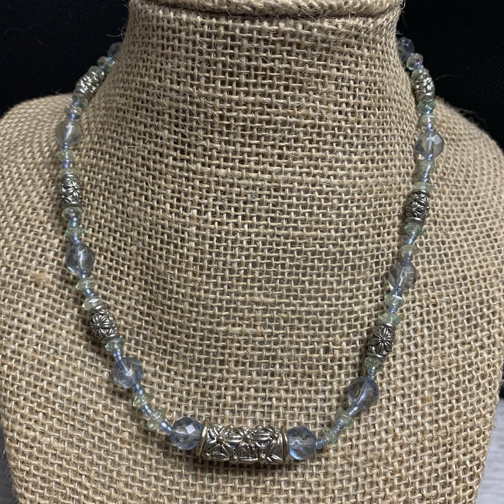 Glass Beaded Necklace Silver Tone Barrels Blue Clear Beads Toggle Closure 16"
